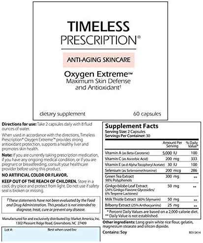 Timeless Prescription - Oxygen Extreme Anti-Aging Skin Care Maximum Defense &amp Antioxidant Maintain Cardiovascular Health Skin Health Market America (30 Servings)