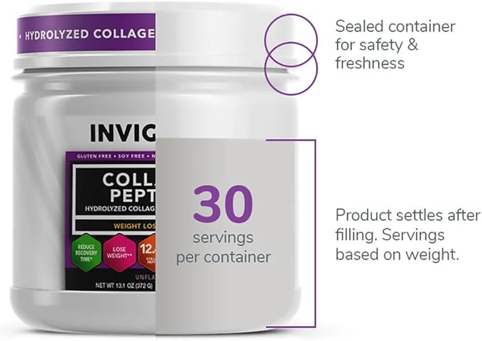 INVIGOR8 Collagen Peptides Powder Hydrolyzed + Vitamin C Hydrolyzed Type I II &amp III + Vitamin C Unflavored Non-GMO Grass-Fed Supplement Supports Joints Skin Hair Nails and Anti-Aging (12.4g)
