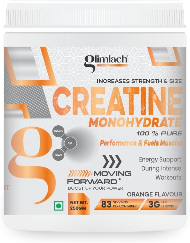 GLIMLACH Creatine Monohydrate | 83 Servings Per Container | Premium Micronized Creatine for Enhanced Strength Performance &amp Muscle Recovery (250 Gram Orange)