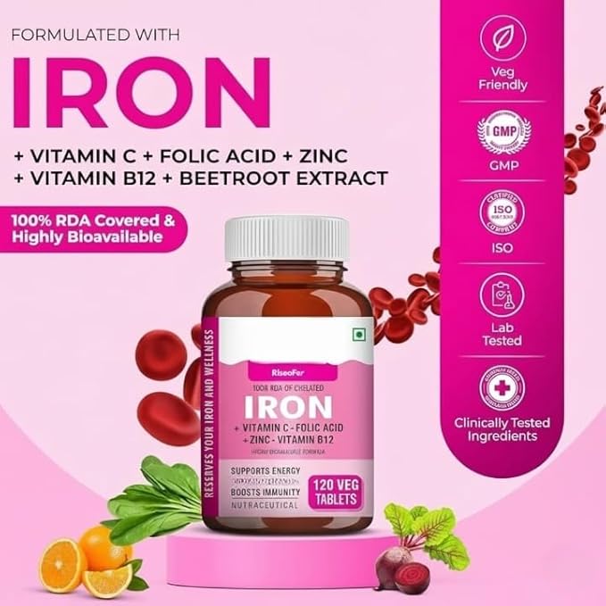 Chelated Iron + Vitamin C Tablets - 120 Veg Tablets with Vitamin B12 Zinc Folic Acid Beetroot Extract - High AbsorptionEnergy &amp Immunity 100% RDA