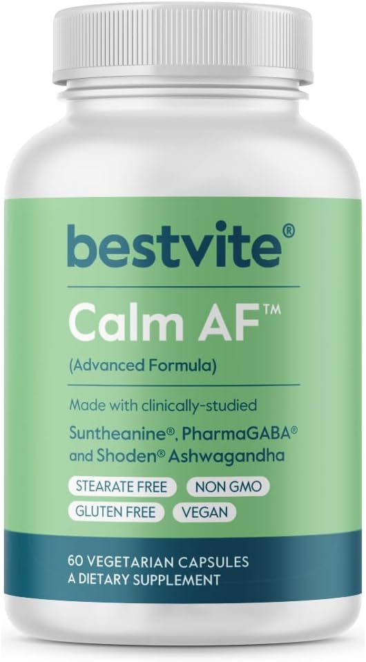 Calm AF (Advanced Formula) (60 Veggie Caps) - Clinically Studied Shoden Ashwagandha Suntheanine L Theanine PharmaGABA - No Stearates - Vegan - Non GMO - Gluten Free - Ashwagandha &amp GABA Suppleme