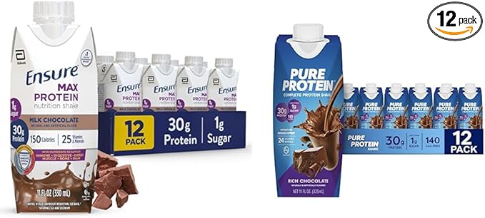Ensure Max Protein Chocolate Nutrition Shake 30g Protein 12 Pack and Pure Protein Chocolate Protein Shake 30g Protein Keto-Friendly Immune Support 11oz Bottles 12 Pack