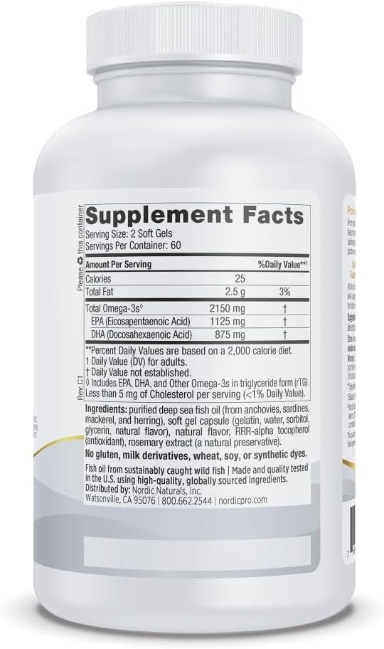 Nordic Naturals ProOmega 2000 Lemon Flavor - 120 Soft Gels - 2150 mg Omega-3 - Ultra High-Potency Fish Oil - EPA &amp DHA - Promotes Brain Eye Heart &amp Immune Health - Non-GMO - 60 Servings
