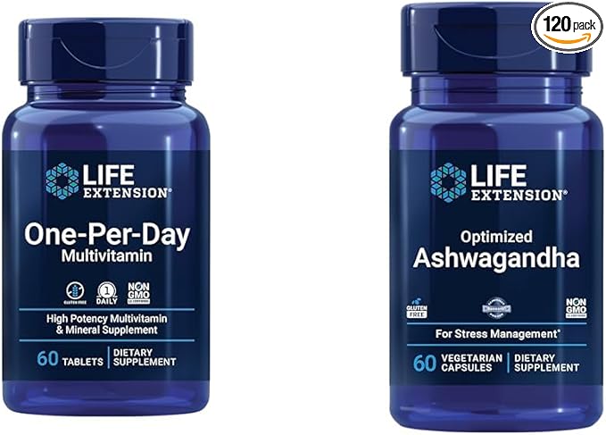 Life Extension One-Per-Day Multivitamin 60 Tablets and Optimized Ashwagandha 60 Capsules Bundle