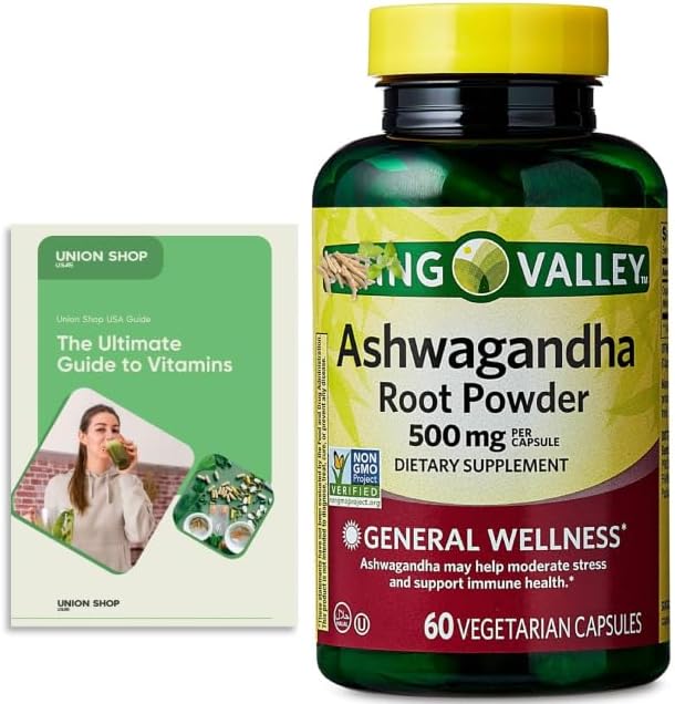 Spring Ashwagandha 500mg Root Powder 60 Capsules (Pack of 1) with Vitamin Guide (2 Items)