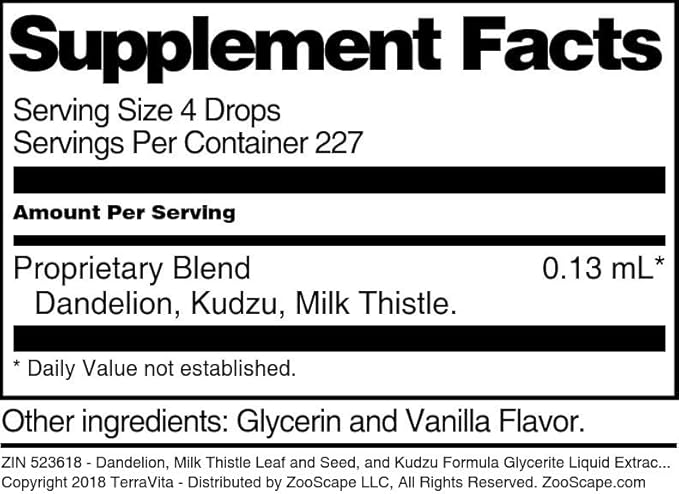 Terravita Dandelion Milk Thistle Leaf and Seed and Kudzu Formula Glycerite Liquid Extract (1:5) - Vanilla Flavored (1 oz ZIN: 523618)