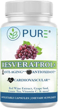 PURE® Resveratrol+ 605mg Trans-Resveratrol - 60 Capsules Anti-Aging &amp Longevity Supplement - 725mg Polyphenol Complex with Green Tea Grape Seed &amp Red Wine Extract - Heart Health &amp Antioxi