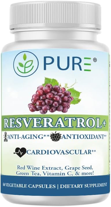 PURE® Resveratrol+ 605mg Trans-Resveratrol - 60 Capsules Anti-Aging &amp Longevity Supplement - 725mg Polyphenol Complex with Green Tea Grape Seed &amp Red Wine Extract - Heart Health &amp Antioxi