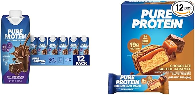 Pure Protein Chocolate Protein Shake 30g Protein 12 Pack + Pure Protein Chocolate Salted Caramel Protein Bars 19g Protein 12 Count