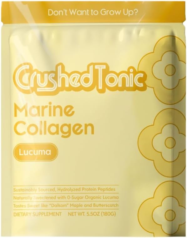 Crushed Tonic Marine Collagen Powder Korean Beauty Drink with Hydrolyzed Collagen Peptides for Skin Hair &amp Nails | Gluten-Free Halal &amp Kosher (Organic Lucuma 60 Servings (300 g) Pouch)