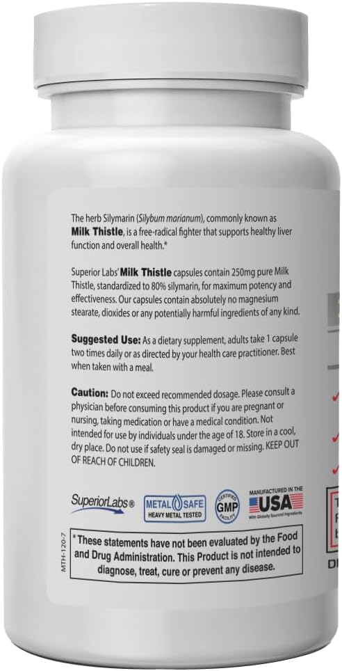 Superior Labs Milk Thistle NonGMO - 80% Silymarin Flavonoids - Powerful Formula for Healthy Liver Kidney Detox and Function Energy - 250mg 4:1 Extract Yielding 1000mg 120 Vegetable Caps