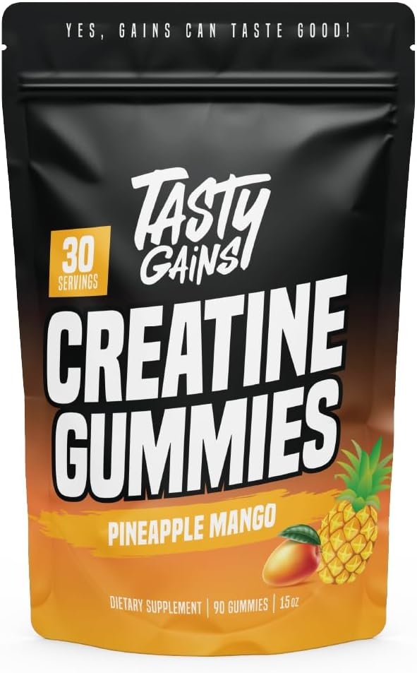 TASTY GAINS Creatine Gummies - 90g of Creatine Monohydrate - Workout Supplements - Build Muscle &amp Boost Strength for Men &amp Women - Made in USA - Non GMO - Vegan Friendly (Large Pineapple Mang