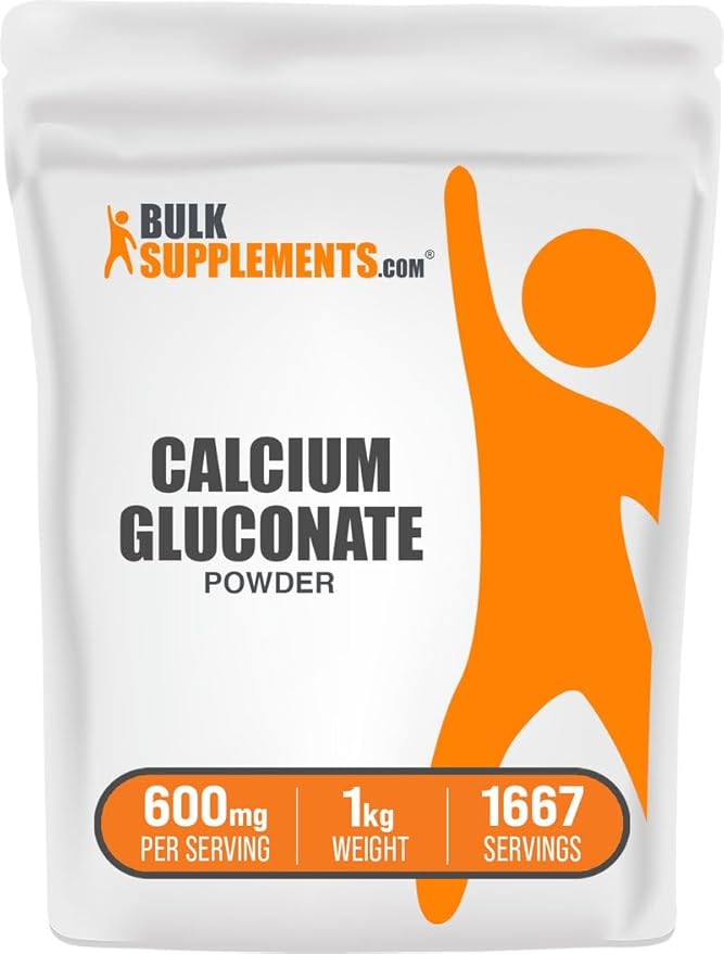 BulkSupplements.com Calcium Gluconate Powder - Calcium Supplement Easily Absorbed - Unflavored &amp Gluten Free 600mg per Serving 1kg (2.2 lbs) (Pack of 1)