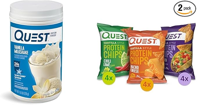 Quest Protein Powder &amp Chips Bundle - Vanilla Milkshake Powder (24g Protein 1.6lb) + Tortilla Chips Variety Pack (12ct)
