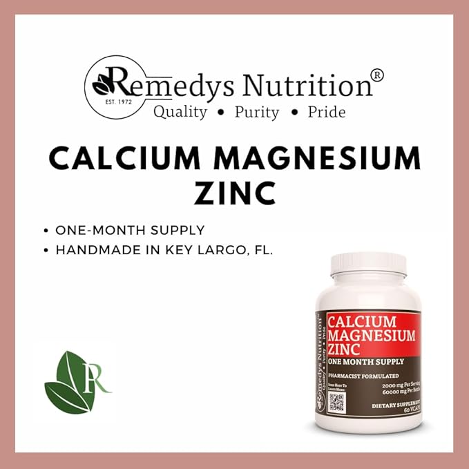 Remedy's Nutrition Calcium Magnesium Zinc | 1000 mg 60 Vegan Capsules Dietary Supplement | Two Month Supply