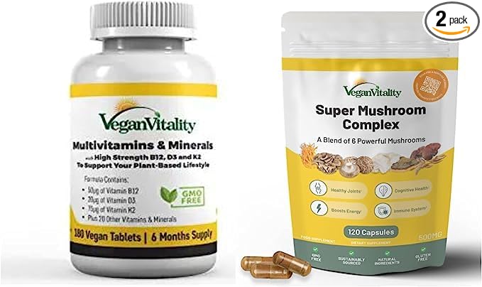 Vegan Vitality Energy Booster Bundle - Vegan multivitamins and Super Mushroom Complex. High Strength Plant Based Formula for Immunity Energy Overall Health for Vegans and Vegetarians