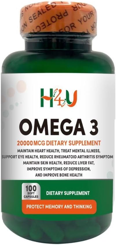H4U Extra-Strength Omega-3 Supplements 20000 mcg Softgels with EPA and DHA - Immune Support Brain and Heart Health Optimal Wellness - Non-GMO 100 Softgels.