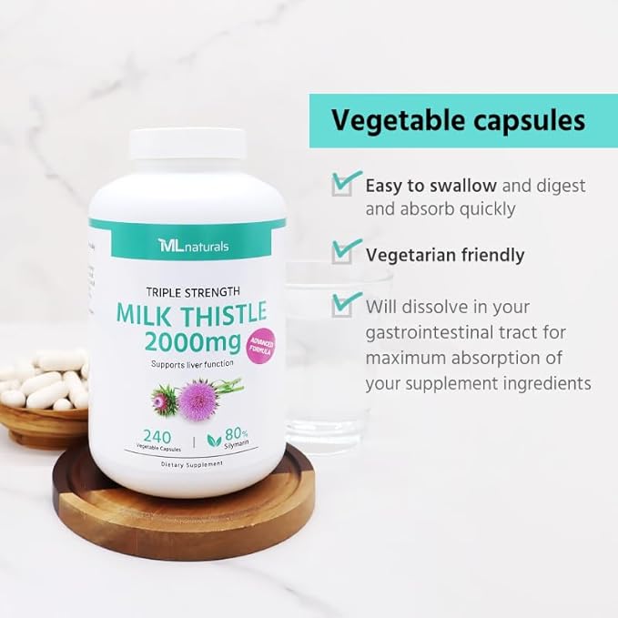 ML Naturals Milk Thistle 2000mg (Per Serving) – Standardized Silymarin 192mg – 240 Vegetable Capsules – Supports Liver Health - Non-GMO