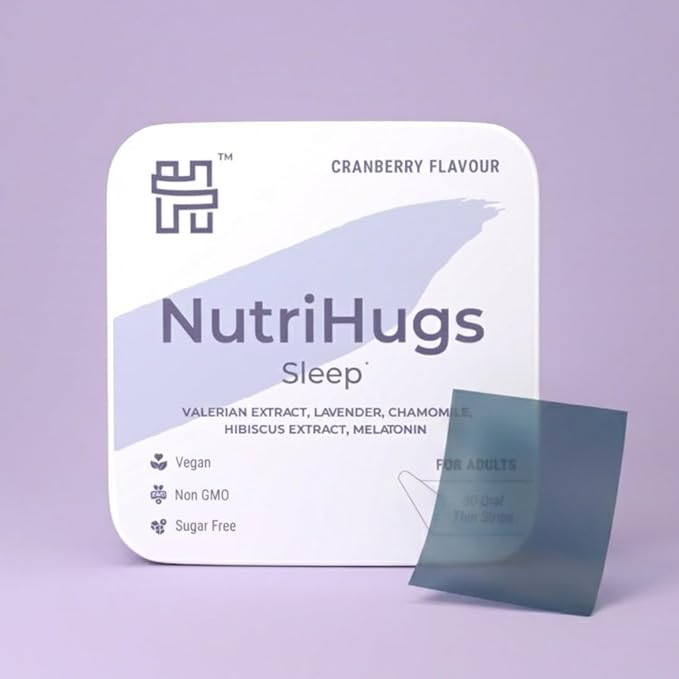 NutriHugs Sleep Aid Oral Thin Film Strips – Valerian Root Chamomile Lavender Melatonin Hibiscus &amp Natural Ingredients | Vegan Sugar-Free Non-GMO | Doctor-Formulated | 30 Strips