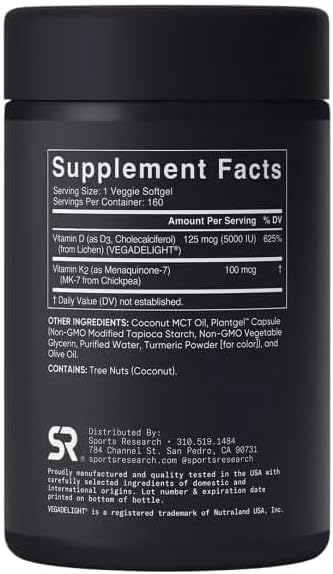 Sports Vitamin D3 K2 with 5000iu of Plant-Based D3 &amp 100mcg of Vitamin K2 as MK-7 Non-GMO Verified &amp Vegan Certified - 160 Liquid Softgels - Pack1