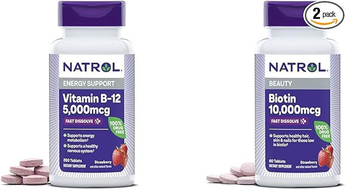 Natrol Vitamin B-12 5000mcg 200 Tablets &amp Biotin 10000mcg 60 Tablets for Cellular Energy Healthy Nervous System Hair Skin and Nails