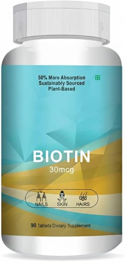 Biotin 30mcg Supplement for Hair Growth Strong Hair and Glowing Skin Fights Nail Brittleness 90 Tablets