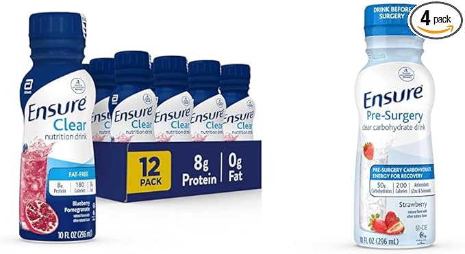 Ensure Liquid Clear Nutrition Drink 0g fat 8g of protein Blueberry Pomegranate &amp Ensure Pre-Surgery Clear Carbohydrate Drink Strawberry 10 Fl Oz (Pack of 4)