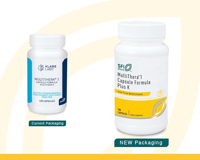 Klaire Labs SFI Health MultiThera 1 Plus K Iron-Free Multivitamin &amp Multimineral Capsule Formula with Vitamin K1 &amp K2 - High Potency with Active Folate No Iron (180 Capsules)