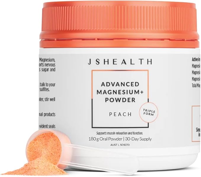 JSHealth Vitamins Advanced Magnesium+ Powder with Magnesium Glycinate &amp Citrate - 3 Bioavailable Forms 400 mg/Serving - Peach Flavor