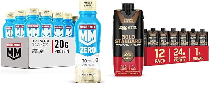 Muscle Milk Zero Protein Shake Vanilla Crème 20g Protein 100 Cal 12 Pack &amp Optimum Nutrition Gold Standard Protein Shake Chocolate 24g Protein 11 Fl Oz 12 Count