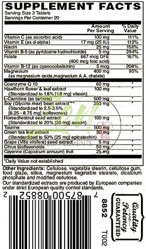 Zen Supplements - Cardio Support Plus Antioxidants L-Carnitine L-Taurine with Coenzyme Q10 Hawthorn Horsechestnut Cayenne Grape Seed and Vitamin E Promotes a Healthy Heart 60-Tabs