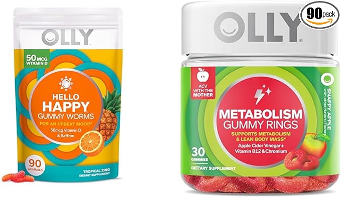 OLLY Hello Happy Gummy Worms Mood Balance Support Vitamin D Saffron Adult Chewable Supplement &amp Metabolism Gummy Rings Apple Cider Vinegar Vitamin B12 Chromium Energy and Digestive Health