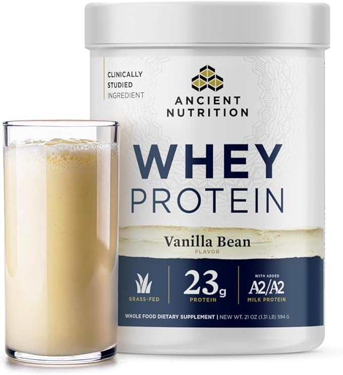 Ancient Nutrition Grass Fed Whey Protein Vanilla Bean 23g Protein 20 Servings Hydrolyzed Collagen Peptides Organic Regenerative A2/A2 Milk Protein
