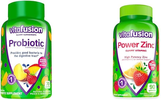 Vitafusion Probiotic Gummy Supplements Raspberry Peach and Mango Flavors 35 Day Supply 70 Count Power Zinc Gummy Vitamins Strawberry Tangerine Flavored 90 Count