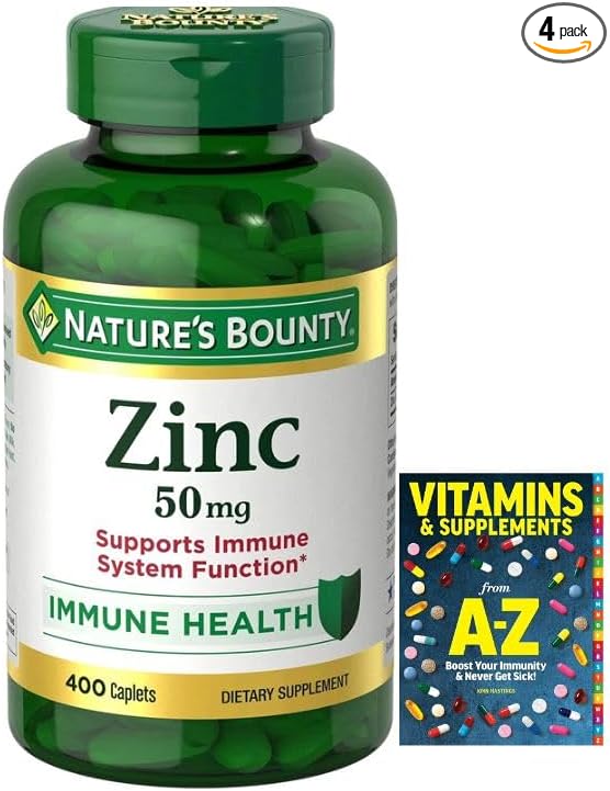 Zinc 50mg 400 Count (Pack 4 Bottles Buy 1 GET 3 Free) +Better Guide Vitamins Supplements Book