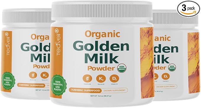 Organic Golden Milk Powder with Vitamins D3 &amp K2 Turmeric Ginger Curcumin Cinnamon KSM66 Ashwagandha Holy Basil &amp Natural Prebiotics– Delicious Unsweetened Turmeric Tea Latte - 3 Pack