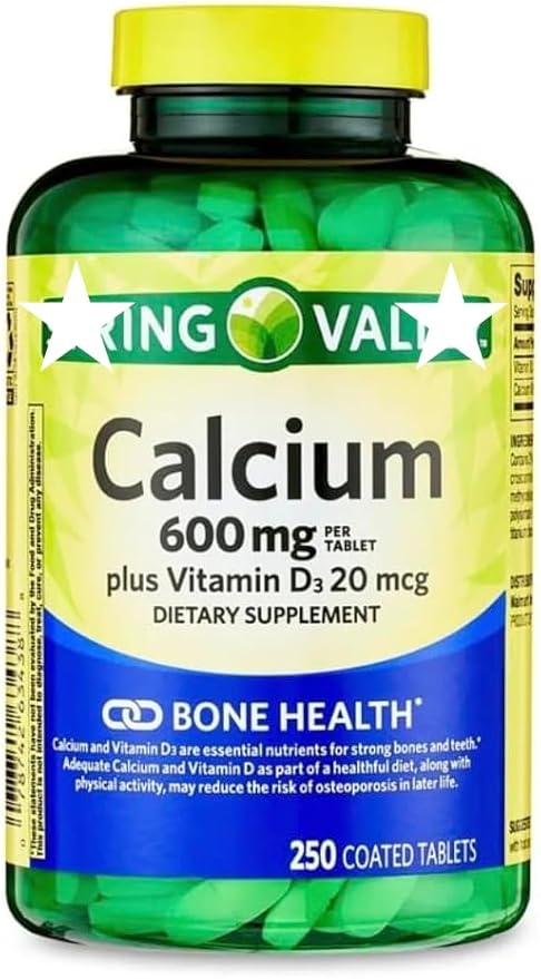 Calcium Plus Vitamin D Tablets Dietary Supplement by Spring - Valley Bone Health VIT D3 20 mcg 600 mg 250 Count.