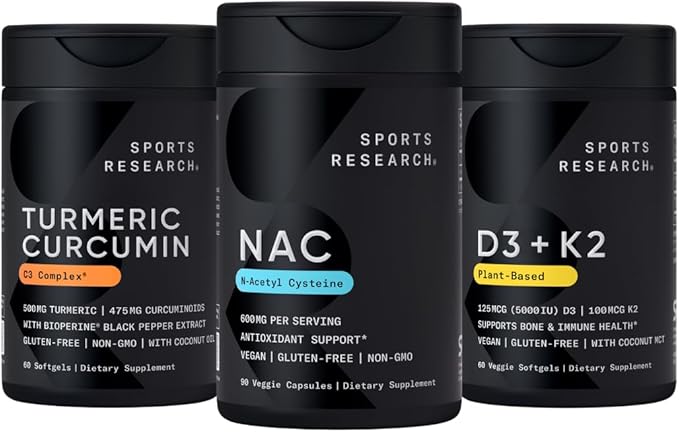 Sports Research Vitamin D3 K2 with Coconut Oil Turmeric Curcumin C3 Complex Softgels with Bioperine Black Pepper Extract &amp Organic Coconut Oil and N-Acetyl L-Cysteine (NAC) 600mg Veggie Capsules