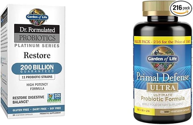 Garden of Life Dr. Formulated Probiotics Platinum Restore 200 Billion &amp Primal Defense Ultra 216 Capsules Probiotic Digestive Immune Support