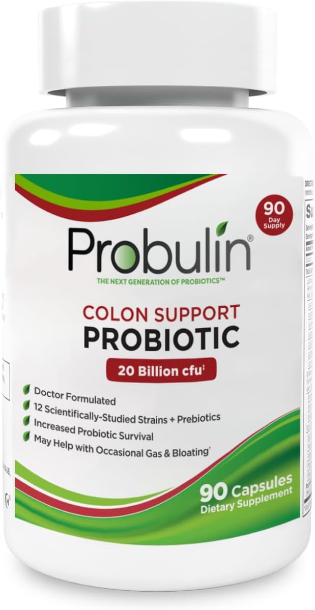 Probulin Colon Support Probiotic Supplement Daily Gut Digestive and Immune Health Probiotics Capsules for Men and Women 20 Billion CFU Vegan 90 Count Bottle