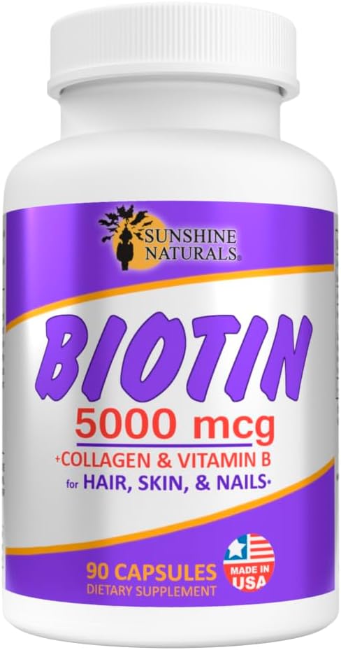 Sunshine Naturals Biotin Dietary Supplement. for Healthier Skin Thicker Hair Nail Growth. Collagen Vitamin A B for Hair Loss Beauty Cell Renewal Scalp Health. 5000 mcg. 90 Capsules. Pack of 2
