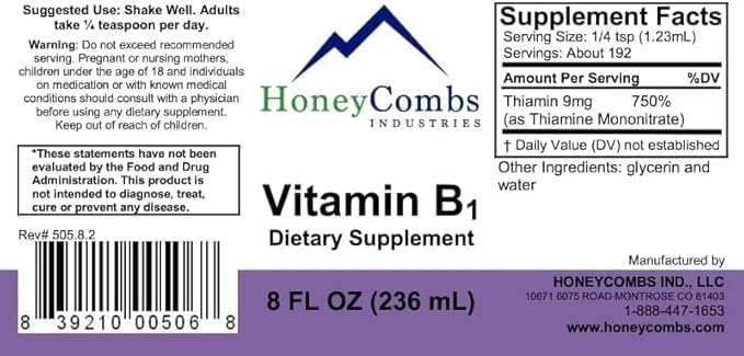 HoneyCombs Vitamin B1 Supplement (Thiamine) Liquid Drops - High Potency Thiamine B1 Supplement for Men &amp Women - Maintain Nervous System Energy &amp Overall Health - Vegan Liquid B Vitamins (8 F
