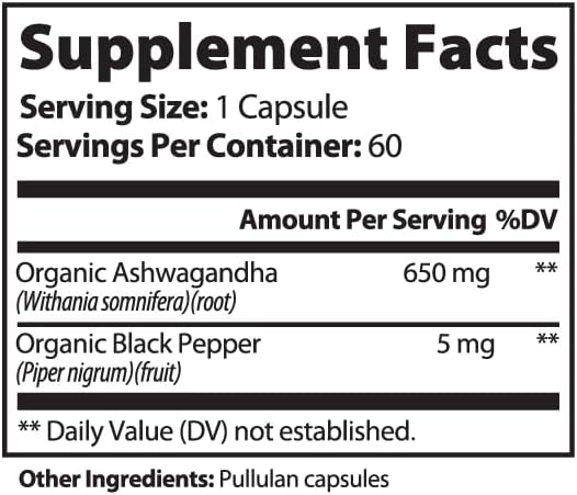 Organic Ashwagandha Capsules Stress Support 60 Capsules with Black Pepper USA