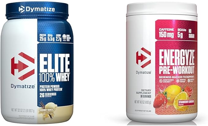 Dymatize Elite 100% Whey Protein Powder Gourmet Vanilla 2 Pound Energyze Pre-Workout Strawberry Lemonade 30 Servings Bundle
