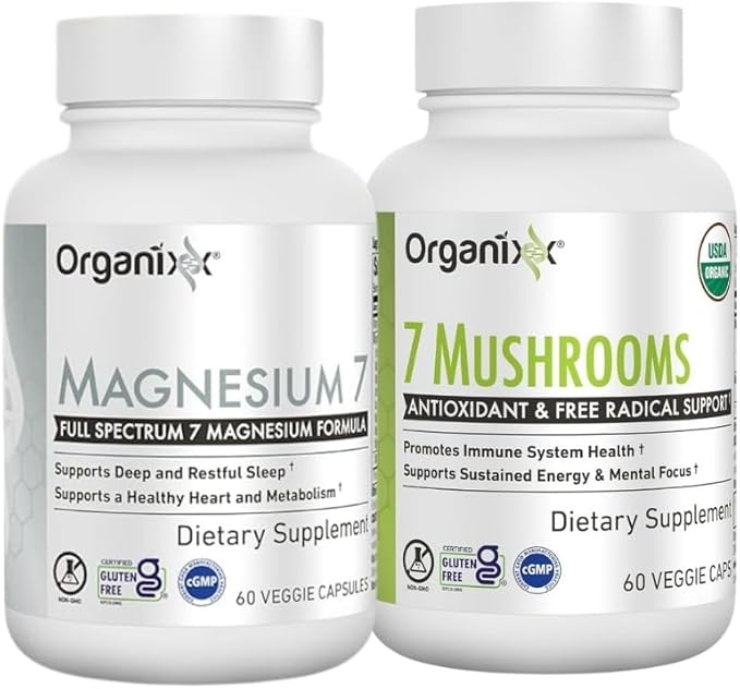 Organixx Magnesium 7 &amp 7 Mushrooms Bundle 7 Organic Mushrooms &amp 7 Chelated Magnesium Forms Supports Immune Heart Liver Muscle &amp Overall Well-Being Vegan Gluten Free Non-GMO 60 Cap