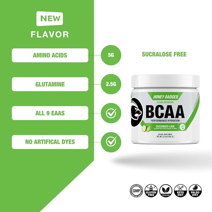 Honey Badger BCAA + EAA Amino Acids Powder BCAAs + L-Glutamine Keto Vegan Sugar Free for Men &amp Women Hydration &amp Post Workout Muscle Recovery Drink Mix Cucumber Lime 30 Servings