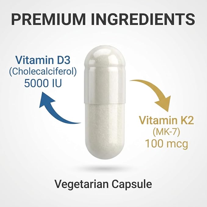 Vitamin D3 + K2 (MK-7) 5000 IU/100 mcg 2-in-1 Bone &amp Calcium Support Vegetarian Capsules Non-GMO Gluten-Free Soy-Free 60 Count