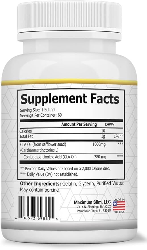 Maximum Slim MAX CLA 3000 High Potency Natural Weight Loss Exercise Enhancement Increase Lean Muscle Mass Non-Stimulating Non-GMO 95% Pure CLA 90 Count