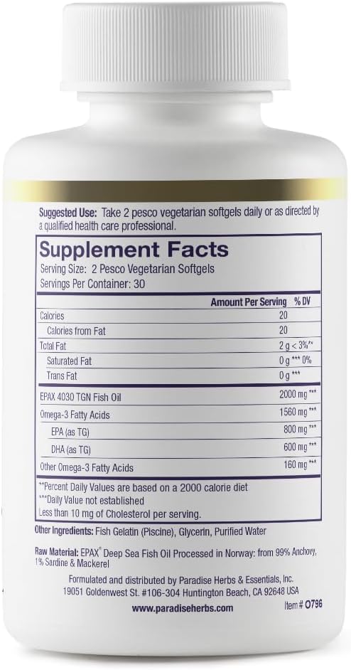 Paradise Herbs Omega-Sure Omega-3 Concentrate Premium Fish Oil DHA EPA Vegan Non GMO Gluten Free 60 Count Vegetarian Softgels