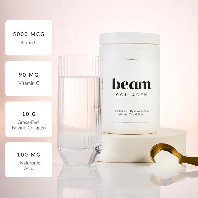 Beam Collagen Powder Collagen for Women Collagen with Hyaluronic Acid Collagen Peptides Type 1 and 3 with Biotin Grass Fed Bovine Third-Party Tested Best for Coffee Vitamin C 5 Servings